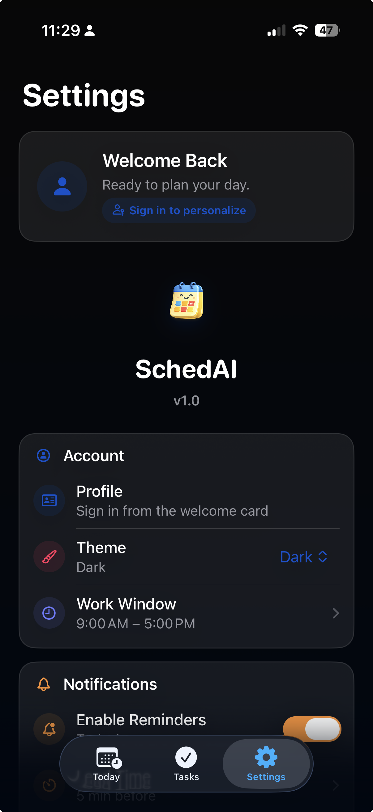 SchedAI settings screen