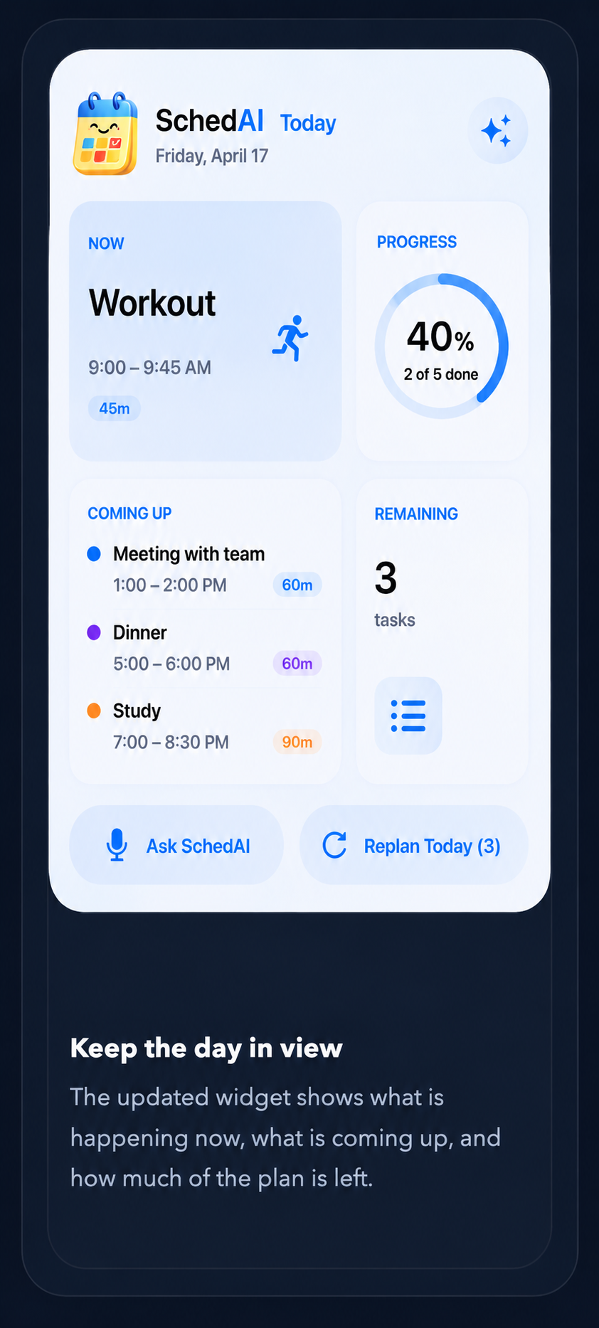 SchedAI widget showcase with today summary and progress